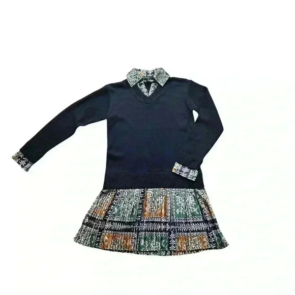 Current air long sleeve v-neck sweater collar dress navy/ multicolor - Picture 8 of 8